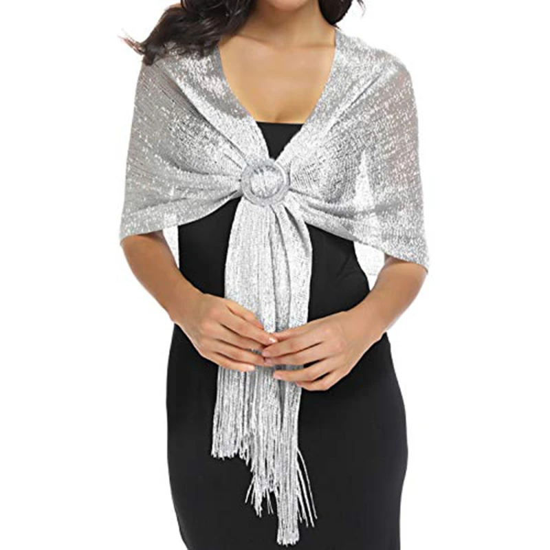 Sparkling Metallic Shawls Round Buckle Tassel Wraps Scarf For Evening Party Ladies\' Fashionable Party Glitter Shawls