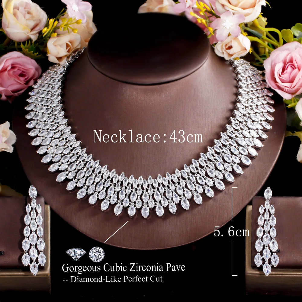 CWWZircons Luxury Chunky Full Cubic Zirconia Paved Dinner Party Bridal Wedding Choker Big Necklace Jewelry Sets for Women T644