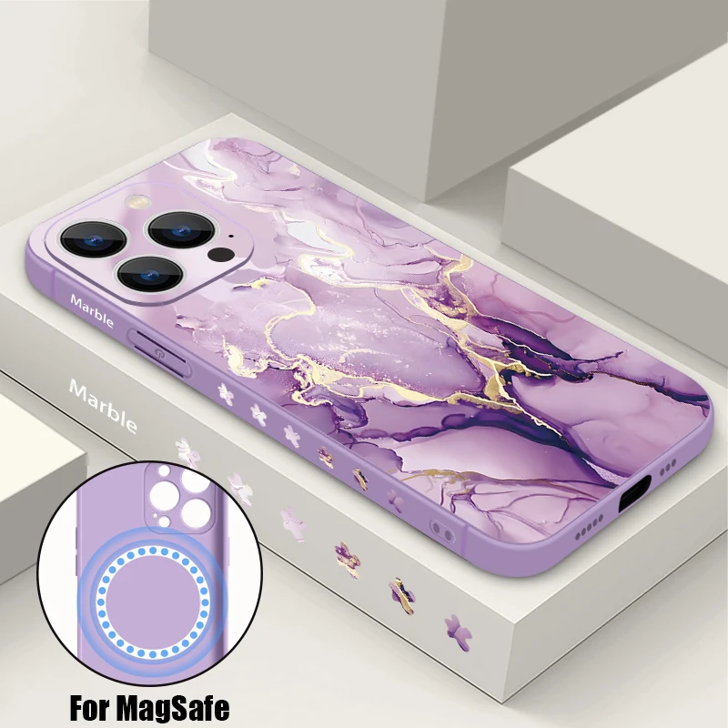 Marble Pattern Soft Phone Case For iPhone 16 15 14 Pro Max 12 13 14 Pro 11 Magnetic For Magsafe Wireless Charge Silicone Cover