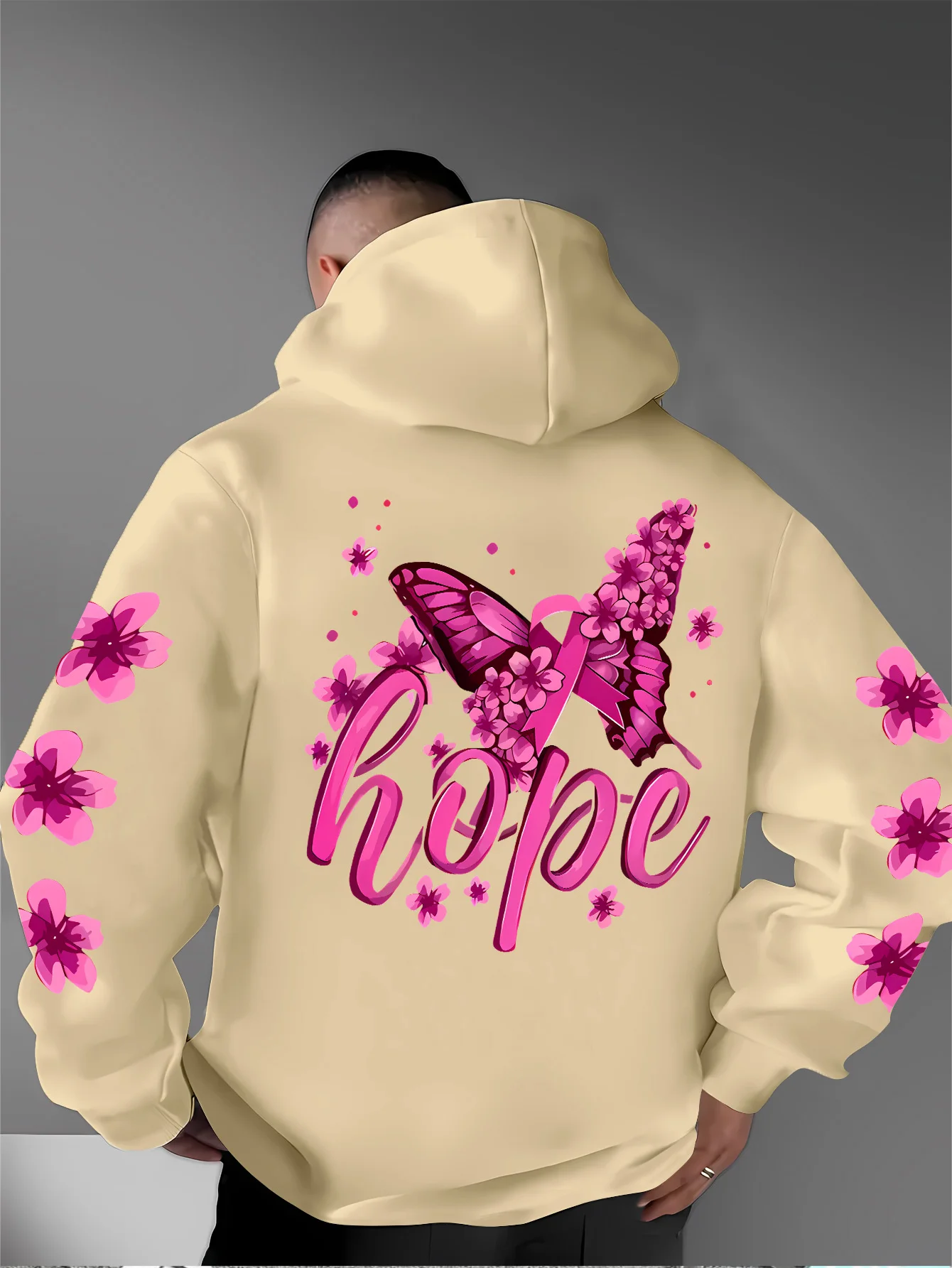 Herren Sport Hip-Hop Hoodie Rosa Blumen Schmetterling Hoffnung Buchstaben Grafik Rückendruck Streetwear Fleece Pullover Sweatshirt – Detail 4