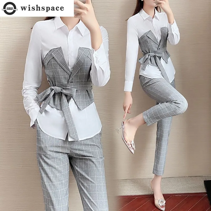 Chest Bag Belt Decorative Plaid Patchwork Chiffon Shirt Blouse Casual Pencil Pants Two-piece Elegant Women Pants Suit Office Age