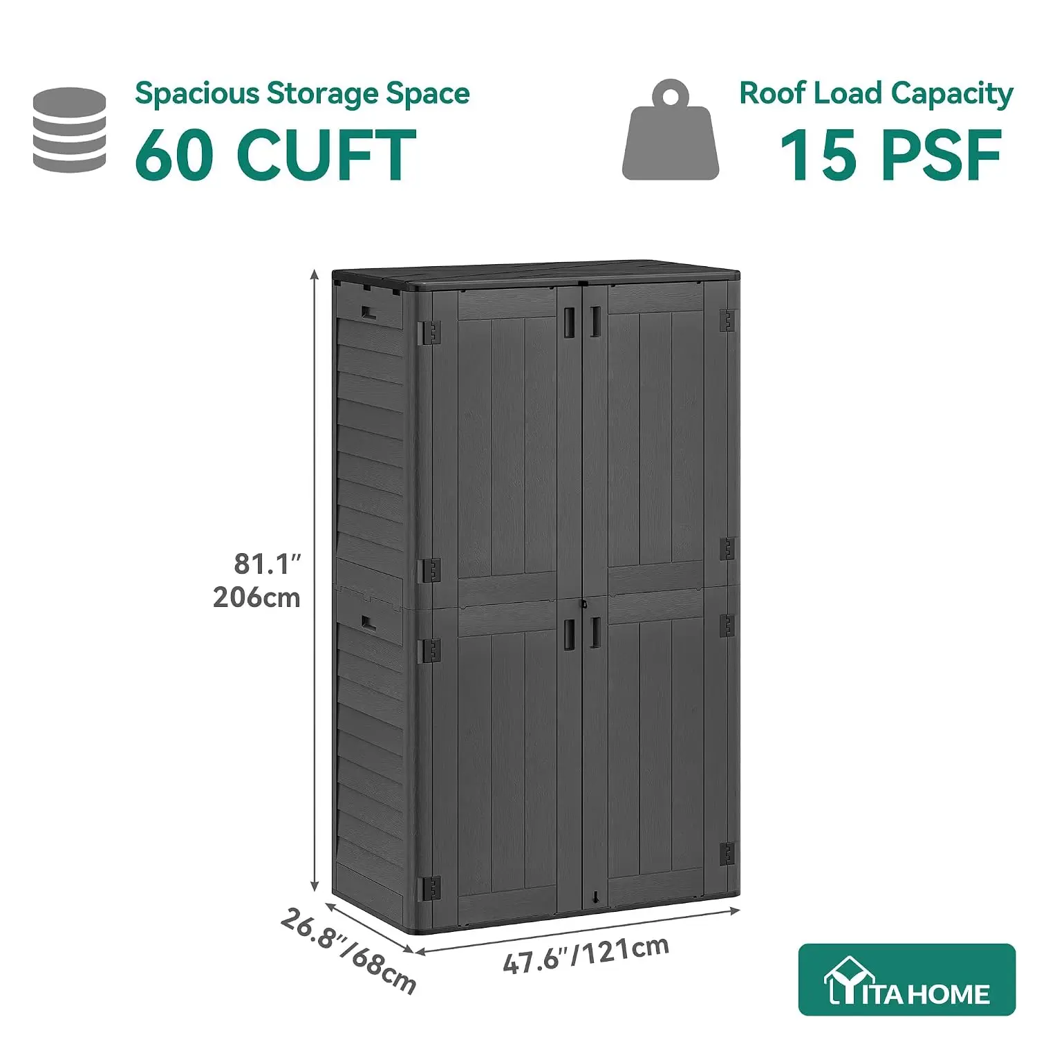 Tall Outdoor Storage Shed, Large Waterproof Resin Vertical Cabinet for Garage Poolside Garden, 60 cu ft, Dark Gray, Customized