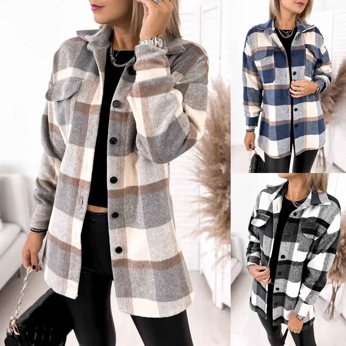 

Women's New Long Sleeved Single Breasted Plaid Printed Shirt Collar Woolen Jacket Tops Camisas