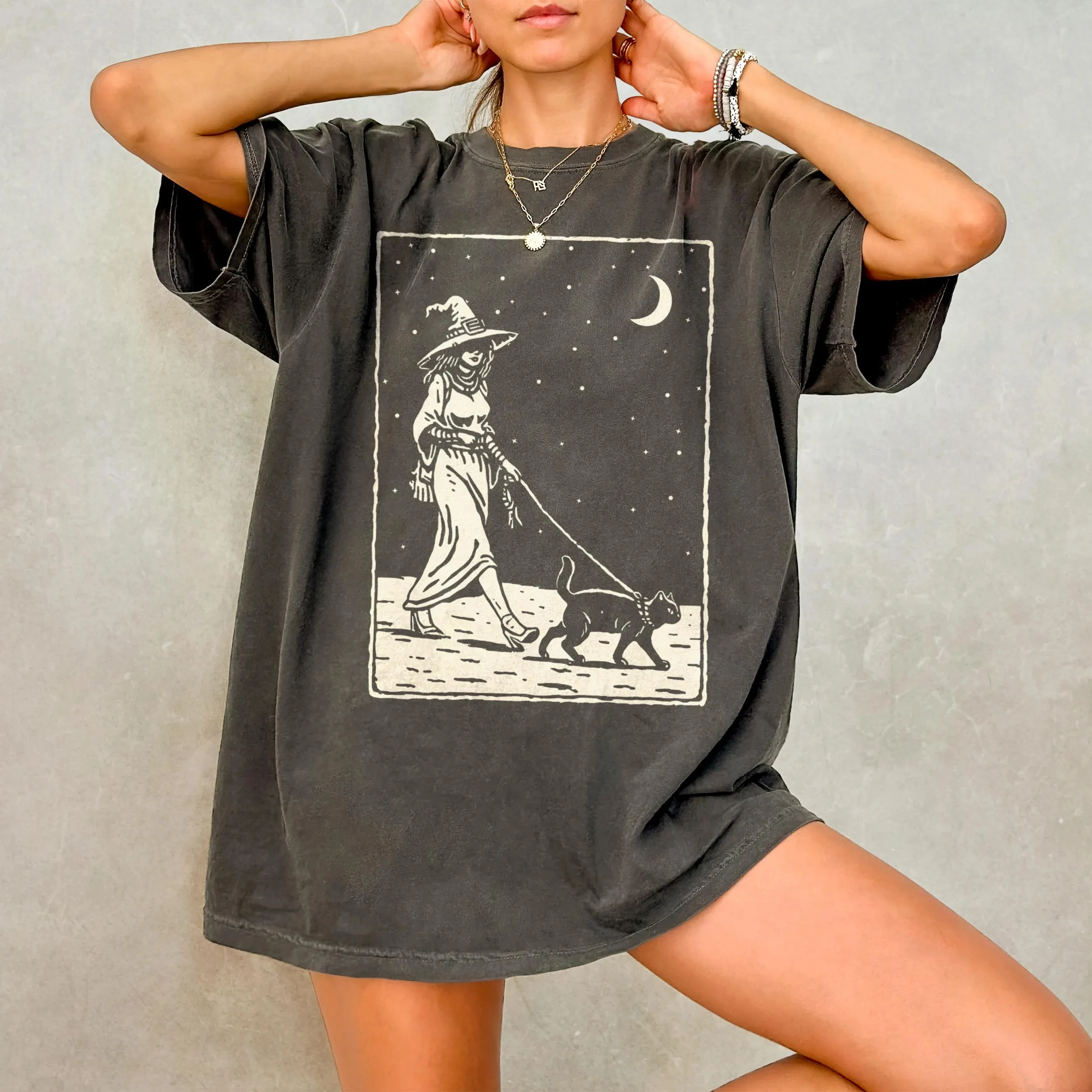 Lustiges Hexen-Print-T-Shirt Frühling/Sommer Damen 2026 Neuer Modetrend Top Kurzarm Bequemes T-Shirt