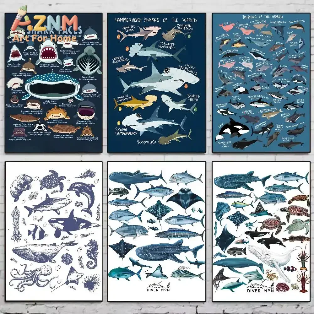 AZNM Marine Animal Identification Canvas Wall Art, Shark Dolphin Whale Ocean Species Educational Print, Kids Room Classroom Home