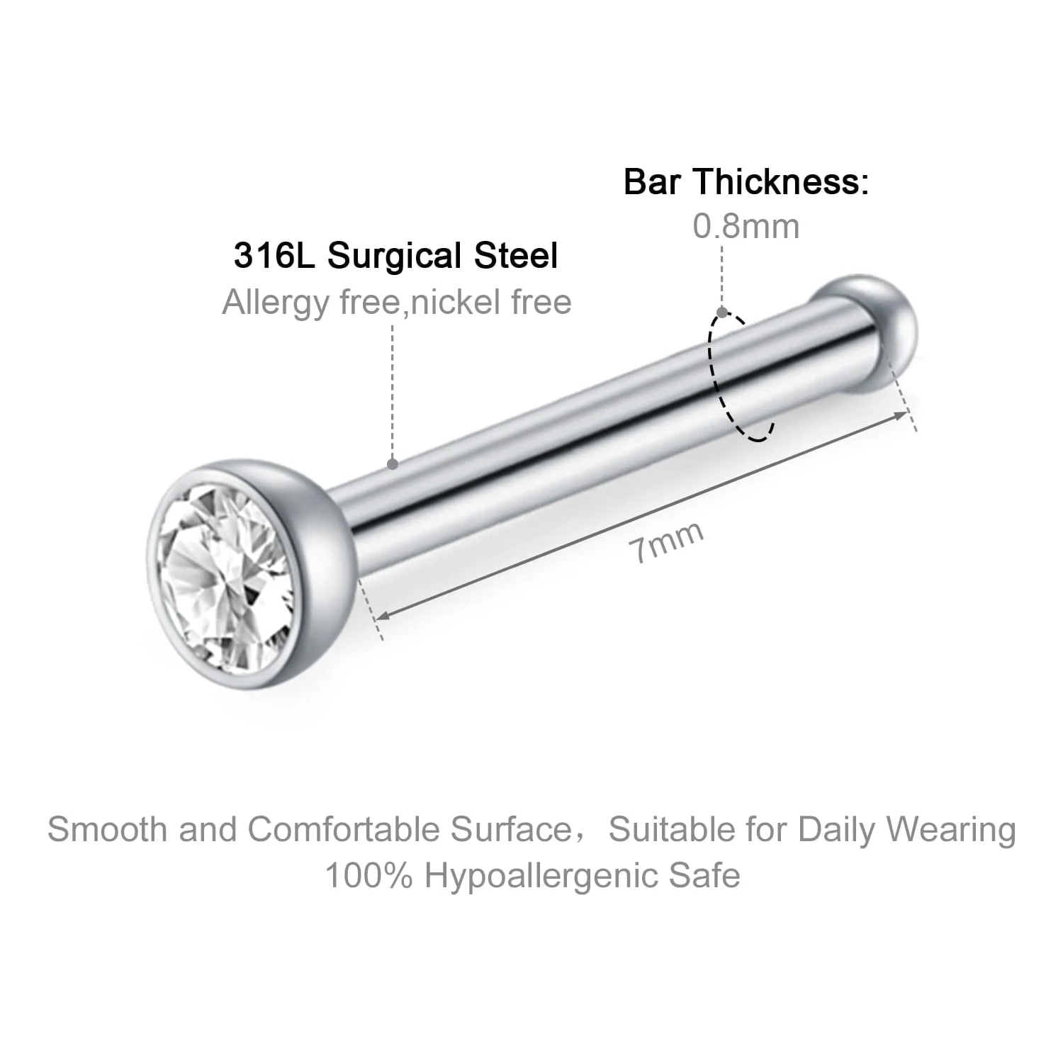 9Pcs Set Nose Studs 316L Surgical Stainless Steel Bone Diamond Heart Corkscrew Lip Studs Nostril Piercing Jewelry For Women Men