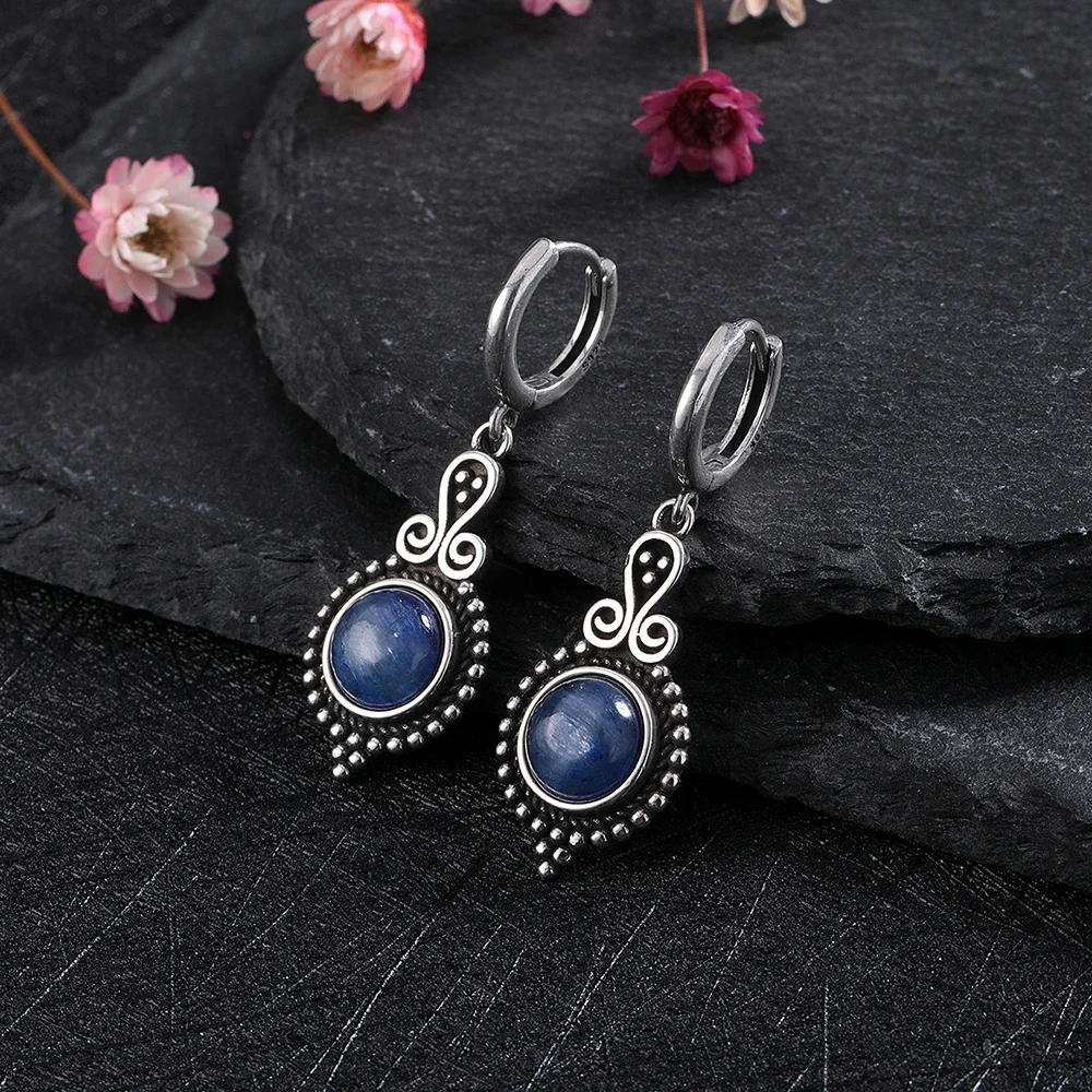 New Elegant Natural Kyanite Silver Drop Earrings for Women Vintage Jewelry Wedding Engagement Hoop Earrings Gifts