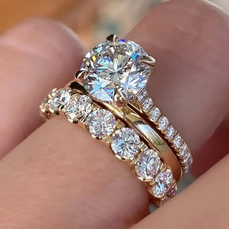 

Custom 14K Yellow Gold Plated Stacking Wedding Trio Set Bridal Ring & Full Eternity Band with Cut Moissanite Plain Wedding Band