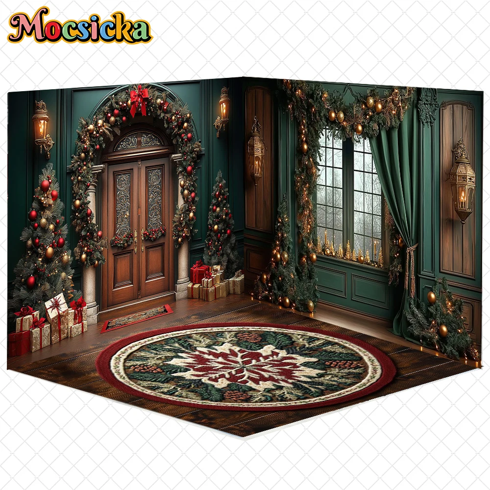 

Mocsicka Christmas Photography Backdrop Tree Door Green Curtain Window Decors Family Holiday New Year Party Background Wallpaper