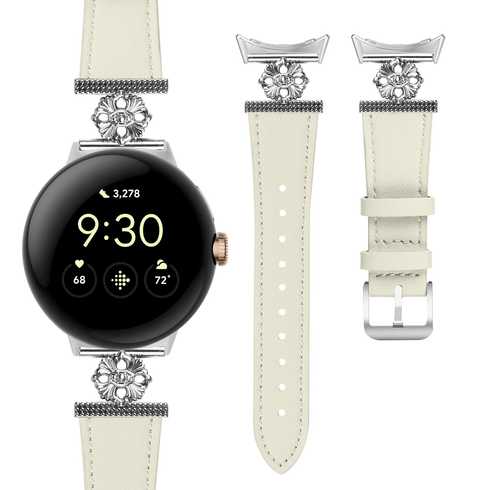 For Google Pixel Watch Straps Leather band leather + Four Petals stainless Steel Watchband for Pixel Watch 2 Bracelet correa image 2