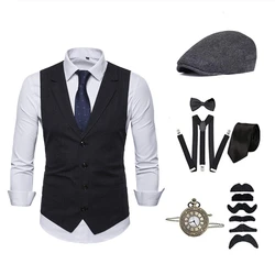 1920s Mens Great Gatsby Cosplay Costume Suit Men Gangster Party Props Hat Cigar Suspender Pocket Watch Accessories vest Set