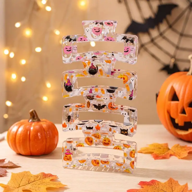 4pcs/set Halloween Hair Claw Clips Transparent Acrylic Pumpkin Ghost Black Cat Bat Large Hollow Hair Jaw Clip Party Gift view 4