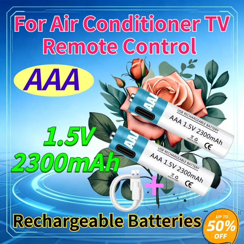 Rechargeable AAA Batteries 1.5V 2300mAh Type-C Fast Charging Replacement Cells for TV & Air Conditioner Remote Controls
