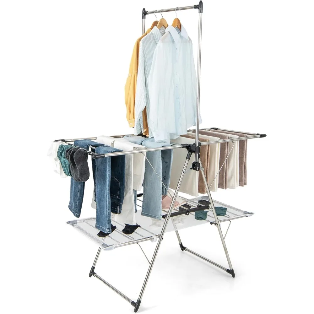 

Clothes Drying Rack, Stainless Steel Foldable Laundry Drying Rack with with 6-Level Adjustable Height, High Hanger Desig