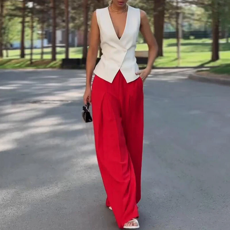 Lady Fashion Sleeveless V-neck Blouse Tops+Pocket Trousers 2Pcs Suit High Street Group Of Pants Set 2024 Women Slim Club Outfit