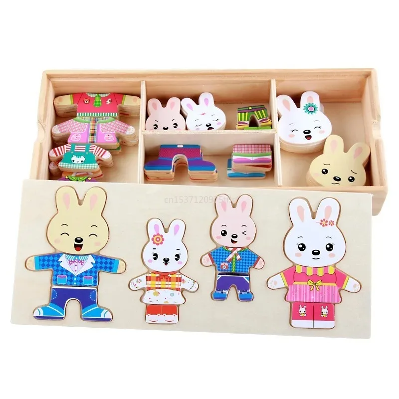 Little Bear Wooden Jigsaw Puzzle para crianças, trocar de roupa, vestir jogo, brinquedos do bebê, presente infantil