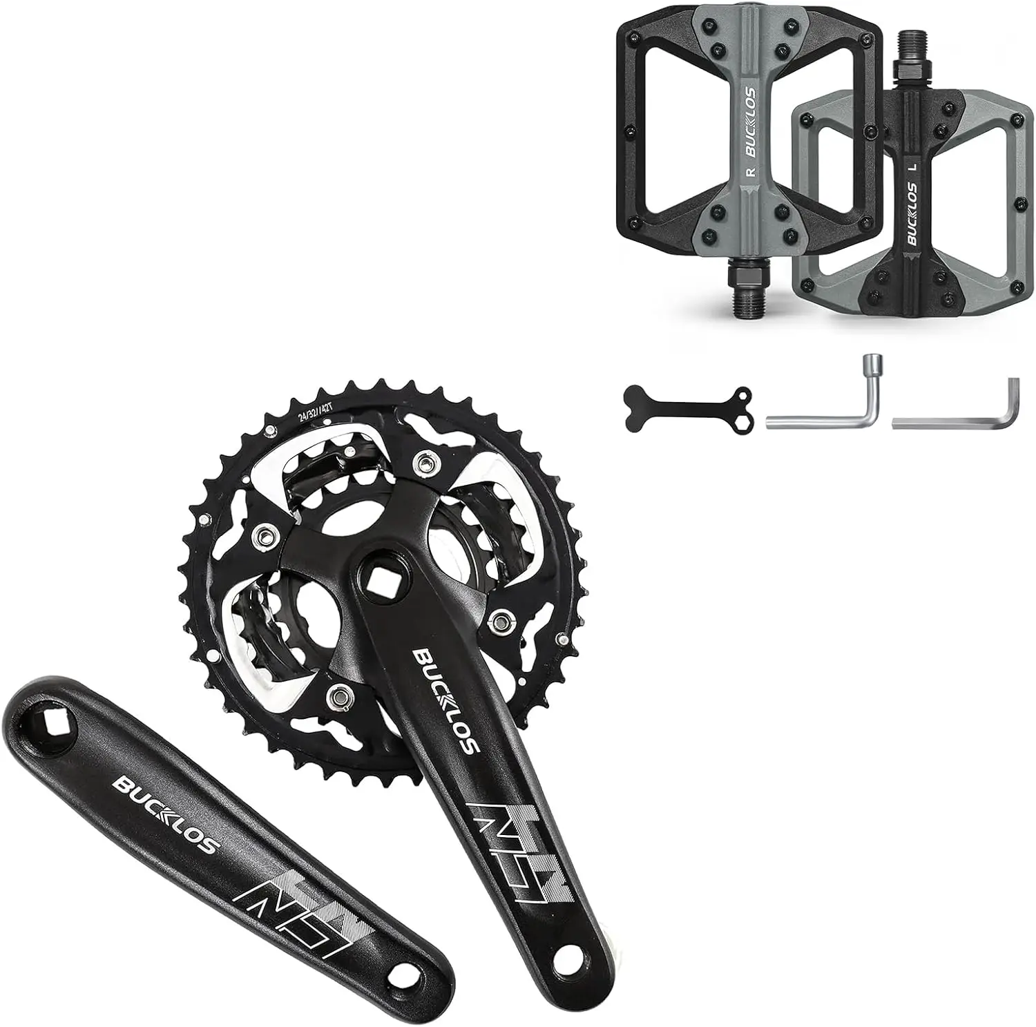 

MTB Crankset Square Taper with 22/24/26/32/38/42/44T Chainring Set and MTB Flat Nylon Bicycle Pedal with Large Platform -Non-Sli