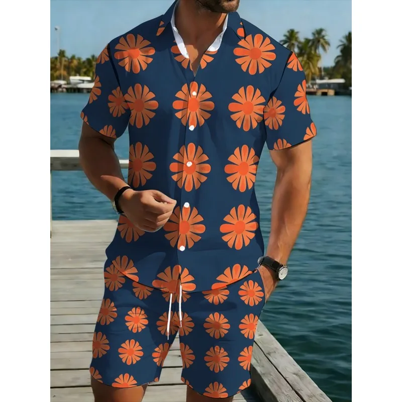 men's short sleeve shirt and shorts set navy blue orange floral print lightweight polyester perfect for casual outdoor activitie
