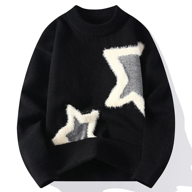 GIOIOMen's Sweater，2025Autumn and Winter New Five-Pointed Star Color-Block Crew Neck Anti-Pilling Fashion Casual Knitted Sweater