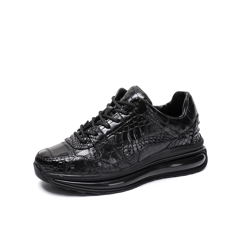 Zapatillas de deporte acolchadas informales para hombre, piel de cocodrilo auténtica, color negro claro, piel de cocodrilo exótica auténtica, zapatos con cordones para exteriores