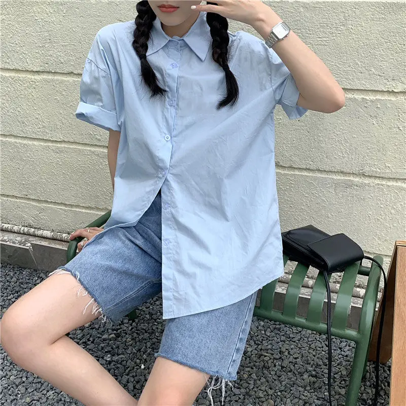 Basic Shirts Women Minimalist Pure Daily Short-sleeve Summer Straight All-match Casual Korean Style Colleges White Classic Chic