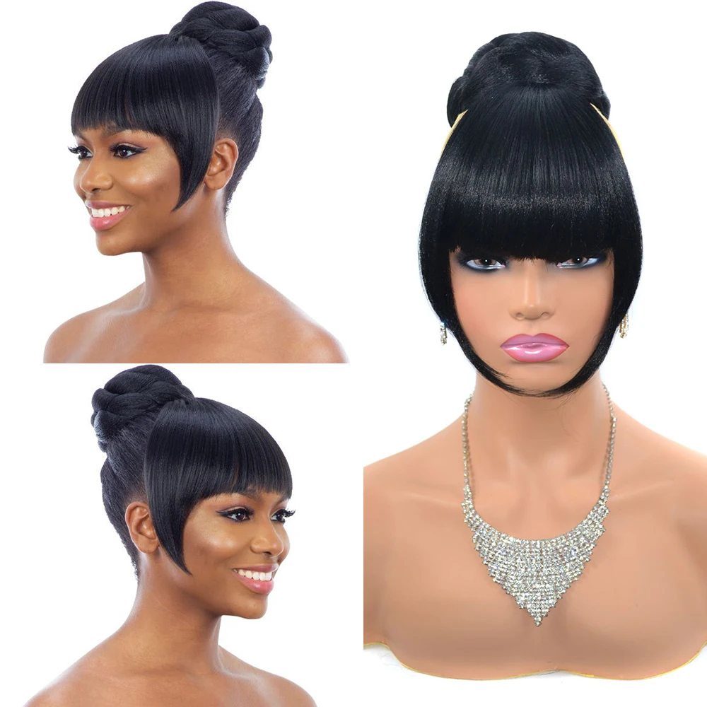 Elegant Black Apple Hair Bun with Bangs for Women - Synthetic, Includes Stylish Hairpiece + Bangs