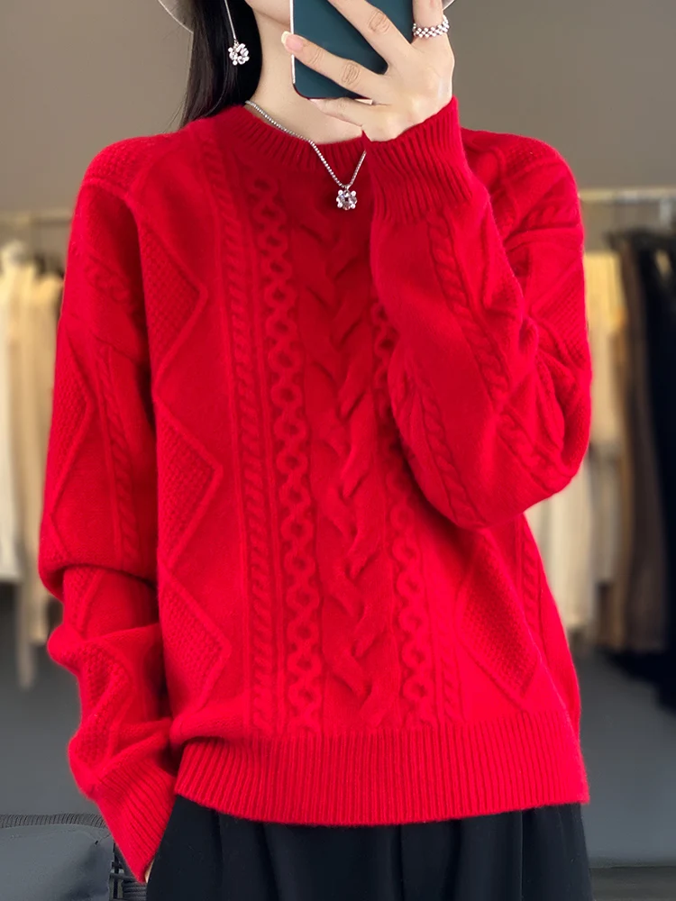 Addonee Women Cashmere Sweater 100% Merino Wool Pullover O-Neck Twist Flower Knitwear Autumn Winter Quality Soft Warm Jumper Top