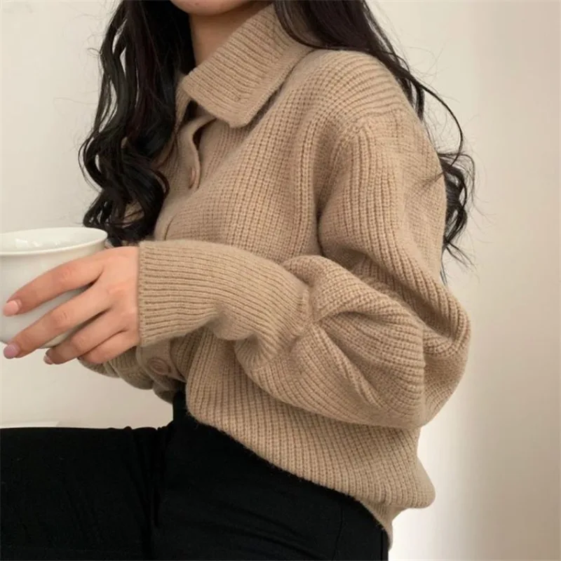 Korean Autumn Winter Women\'s Cardigan Sweater Temperament High Collar Lapel Single-breasted Sweaters Simple Loose Knit Coats Top