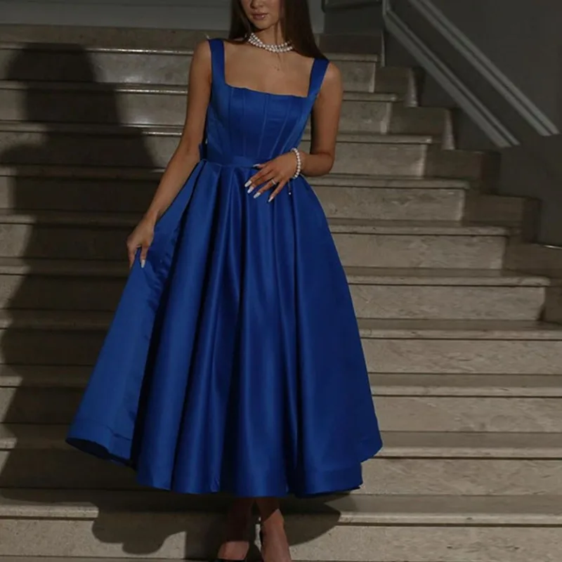 

Royal Blue Satin Backless Party Dresses Woman Elegant Spaghetti Straps Evening Dresses Tea Length Summer Vestidos Noche