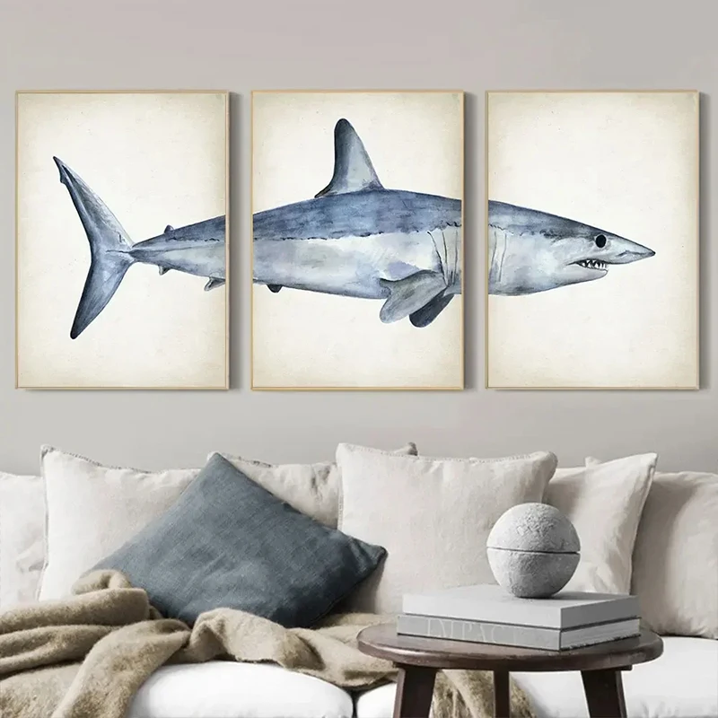 Póster de ballena minimalista e impresión de tiburón, pintura en lienzo marino de animales del océano, arte de pared, imagen para sala de estar, decoración del hogar, 3 piezas