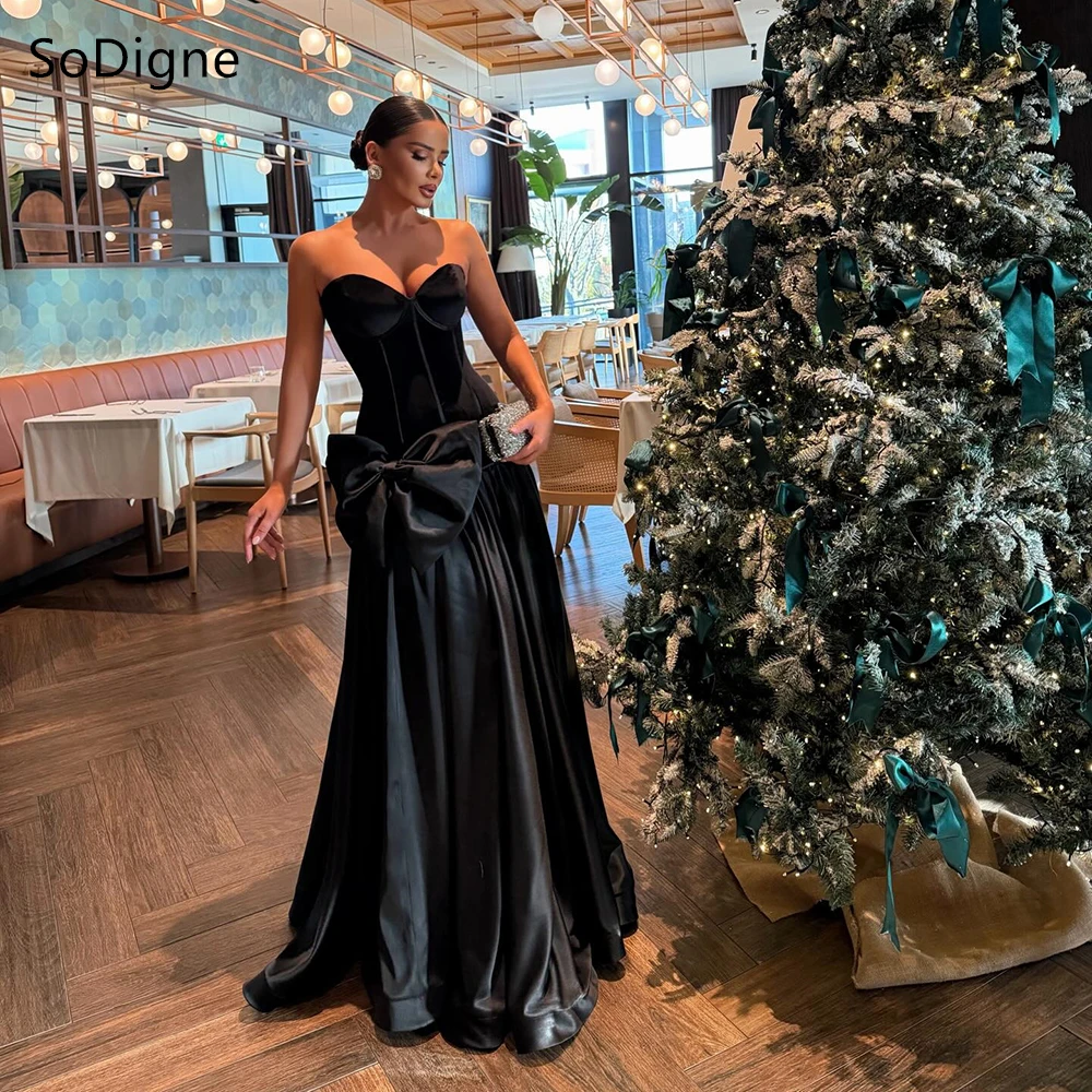 

SoDigne Elegant Black Velvet Prom Dresses Strapless Sleeveless Flowers Party Dress Bow Draped A-Line Prom Gowns Customized