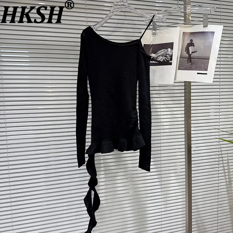 

HKSH осенняя новая женская футболка асимметричный вязаный свитер с открытыми плечами и кисточками подол с длинными рукавами элегантные милые топы HK10185