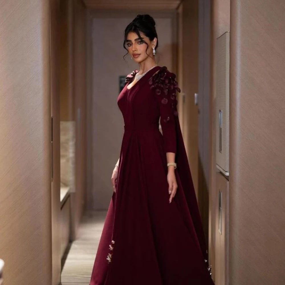 

Customized Burgundy Elegant V-neck Jersey Flower Pleat Evening Dress Draped Sparkly Beading A-line Ankle Length Formal Prom Gown