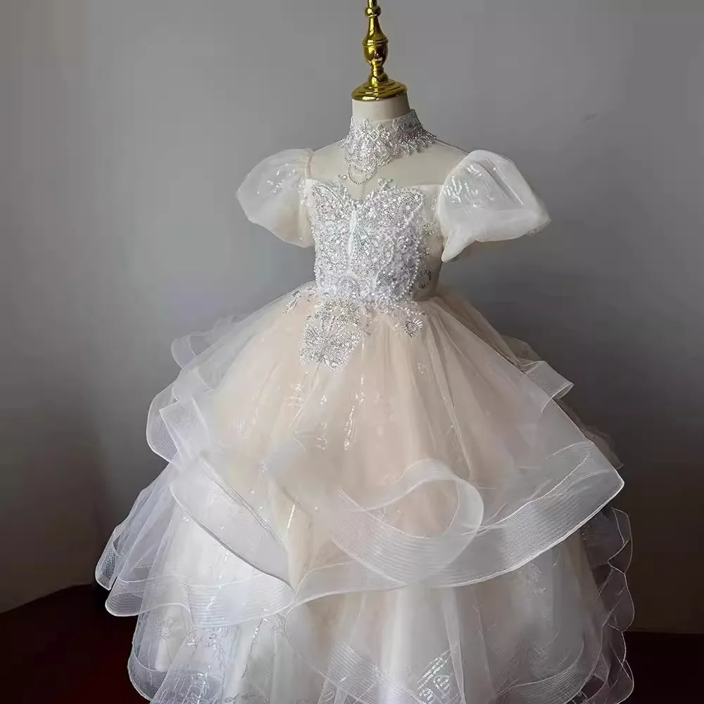 luxury Girls Princess sequin Children Beading tutu Wedding Gown Short sleeve Kids Dresses baby infant Birthday Party Dress