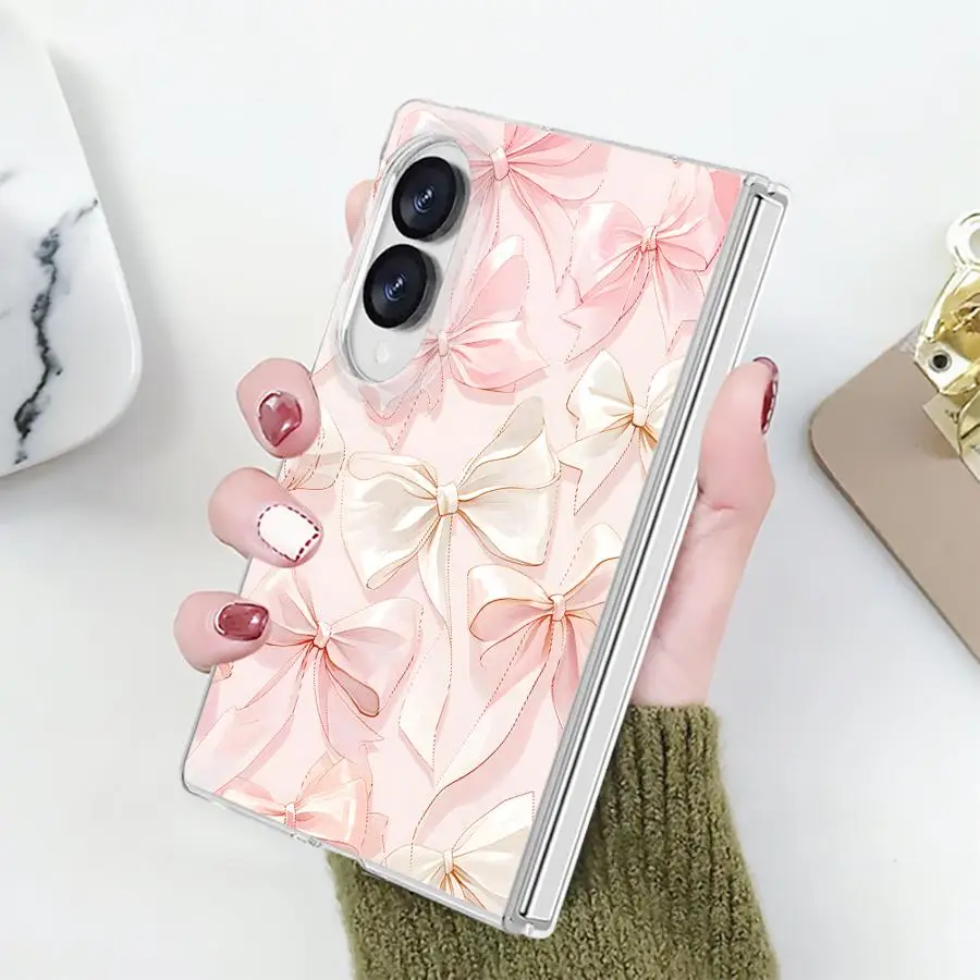 Creative Cartoon Pink Bow Case for Samsung Galaxy Z Fold 8 PC Hard Luxury ZFold8 ZFold 8 Transparent Phone Cover