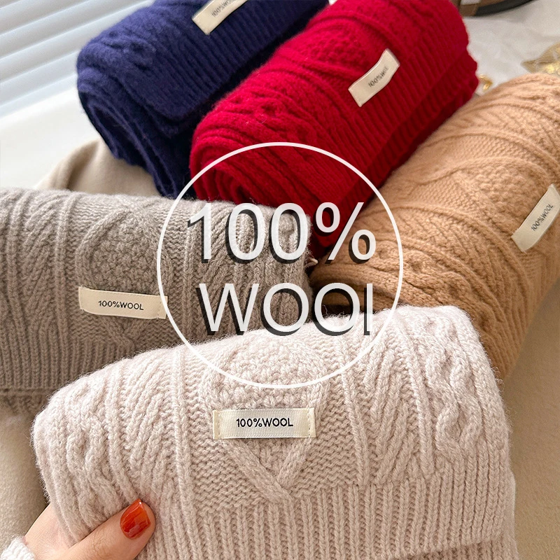 Luxury 100% Wool Scarf Women Mens Thick Cable Knitted Wrap Chunky Warm Scarf Warm Cashmere Scarves Neckercheif Christmas Gift