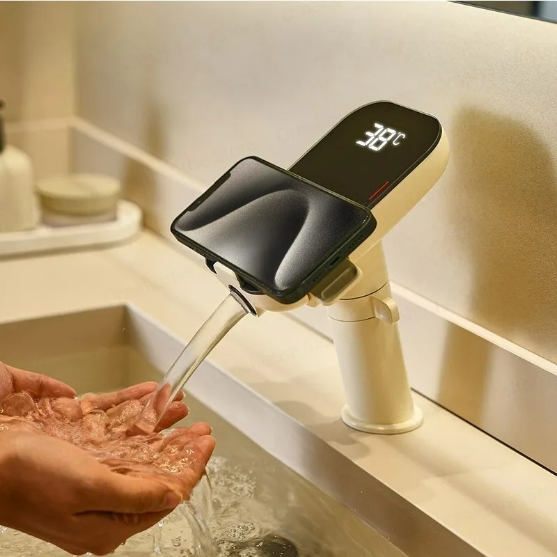 

Смеситель для раковины с LED-дисплеем температуры, латунный, для горячей и холодной воды, для ванной комнаты, с индикатором температуры, для встраиваемых раковин