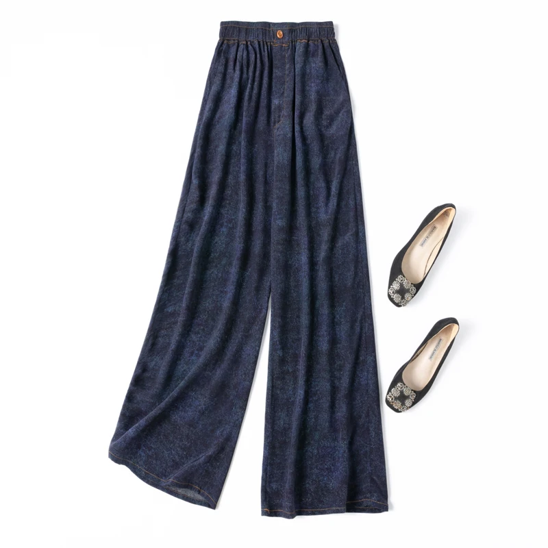 

100% Mulberry Silk 16 momme Crepe Silk Women Pants Dark Blue Jeans Printed Pocket Wide Leg Long Trousers Elastic Waist M1115