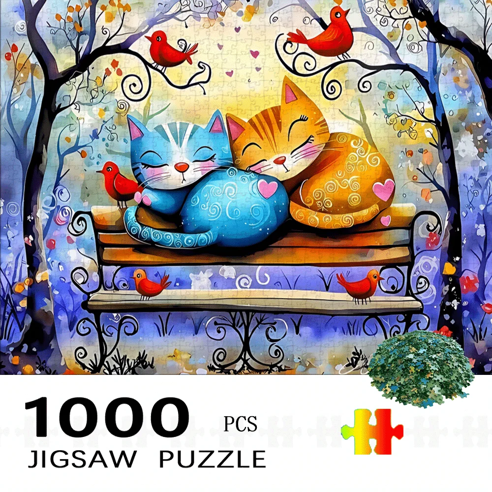 1000pcs Large Jigsaw Puzzle with Colorful Cats on Bench - Challenging Brain Suitable for Adults & Families, DIY Home Decor, Ca