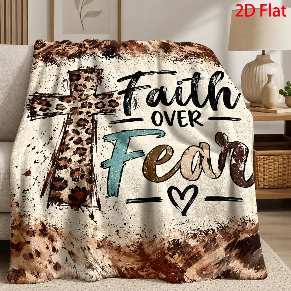 Faith Over Fear Christian Flannel Blanket Leopard Cross Inspirational Quote Throw Blanket for Sofa Bed Couch Bedroom Living Room Religious Home Decor Church Gift Cozy Nap Blanket Office Travel Faith Bedding Encouragement Gift Spiritual Room Accent