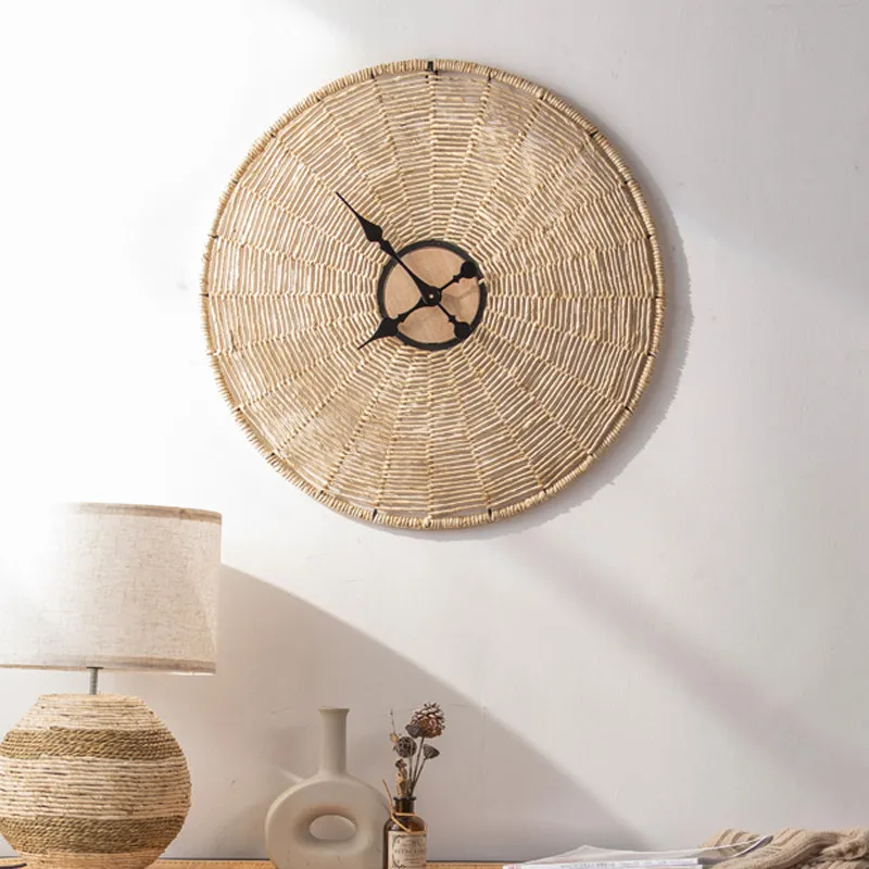 Handwoven Rattan Wall Clock Simple Living Room Clocks Silent Quartz Large Round Wall Watch Rustic Style Decor Ornament Clock