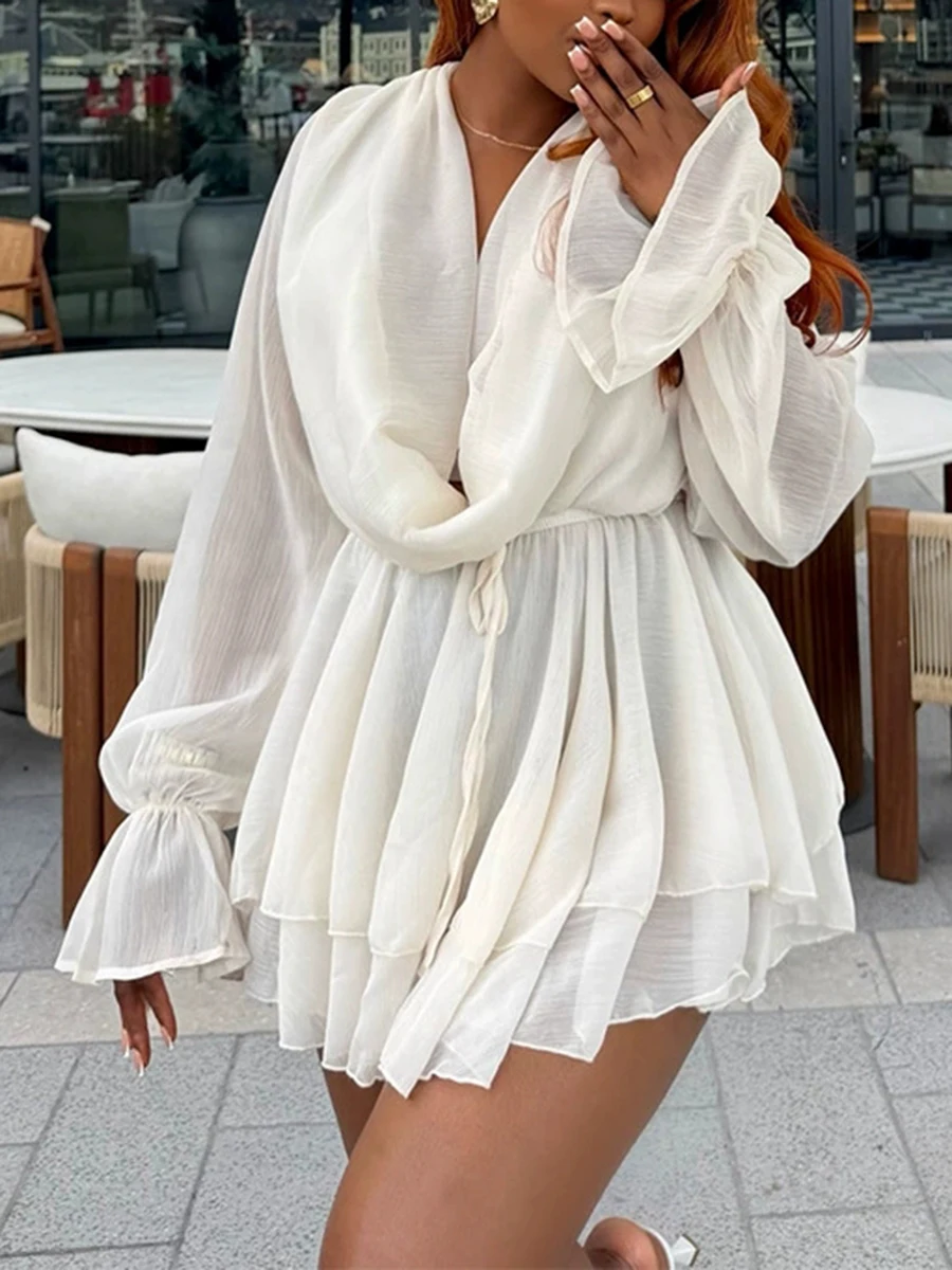 TWOTWINSTYLE White Loose Spliced Ruffles Chic Dresses for Women V Neck Long Sleeve French Vacation Dress Female Summer Fashion