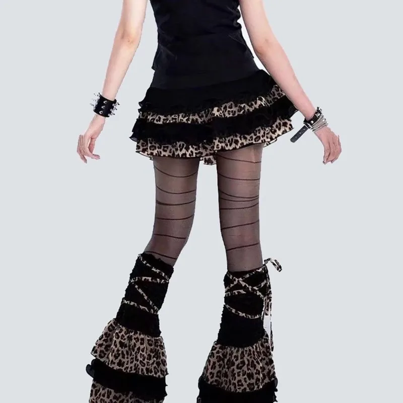 Subculture Cool Black New Style Retro Millennial Rock Leopard Print Cake Stack Leg Cover Ins Knitted Strap Leg Warmers For Women