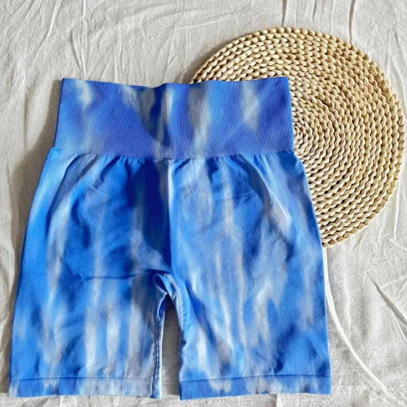 Modne spodenki fitness Tie Dye damskie wysokiej talii elastyczne legginsy trening bieganie Push Up Butt spodenki fitness do jogi