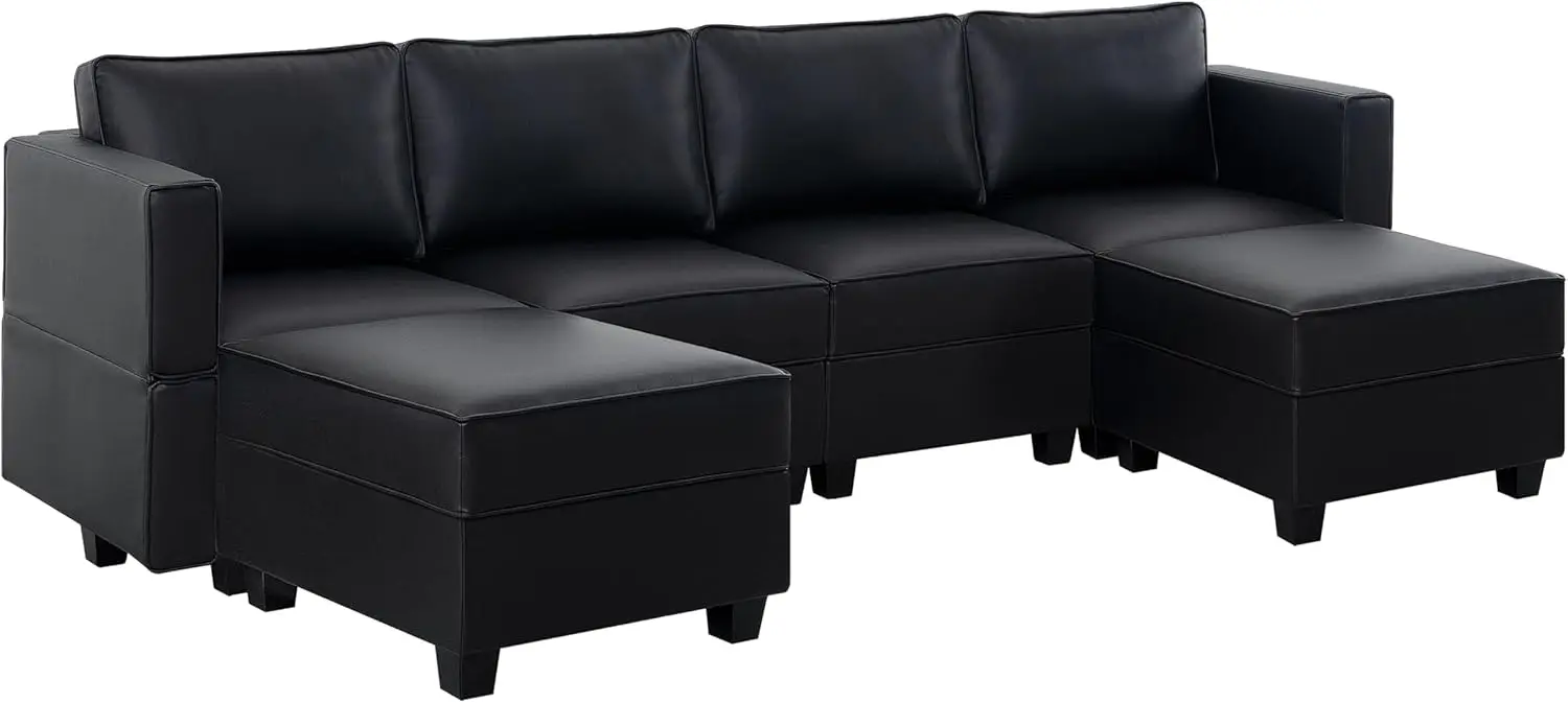 

Modular Sectional Sofa U Shaped Air Leather Couch with Reversible Chaise Oversized Couch with Ottoman - Black