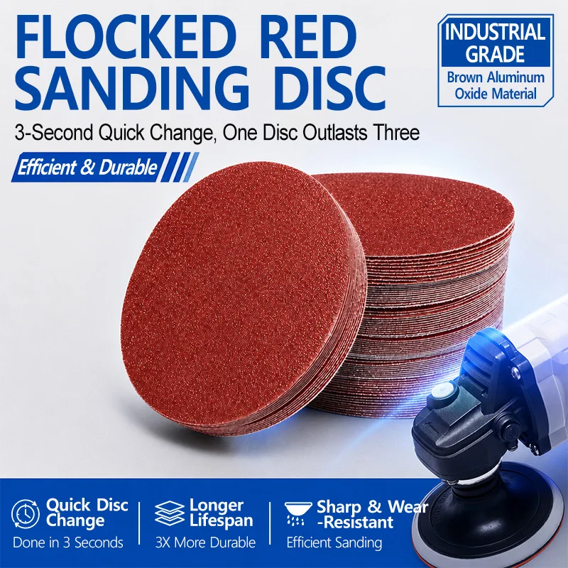 Sandpaper Hook and Loop Flocked Red Sanding Disc Quick Change Brown Corundum for Angle Grinder Suction Pad Metal Polishing Tool