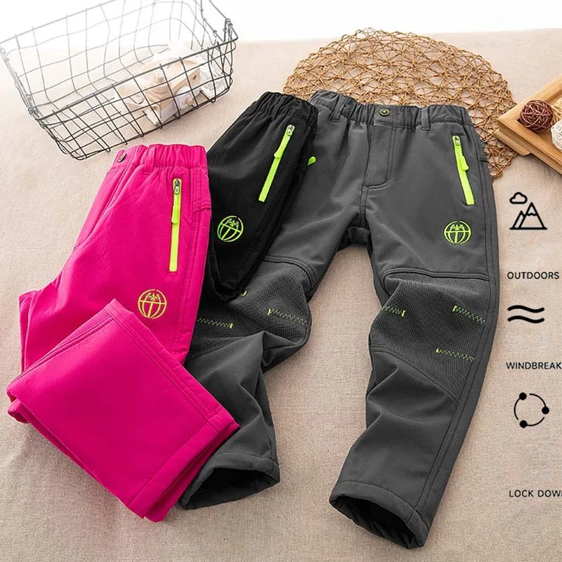 Kids Fleece Lined Elastic Waist Pull On Hiking Snow Ski Pants Waterproof Winter Warm Pants with Zippered Pocket