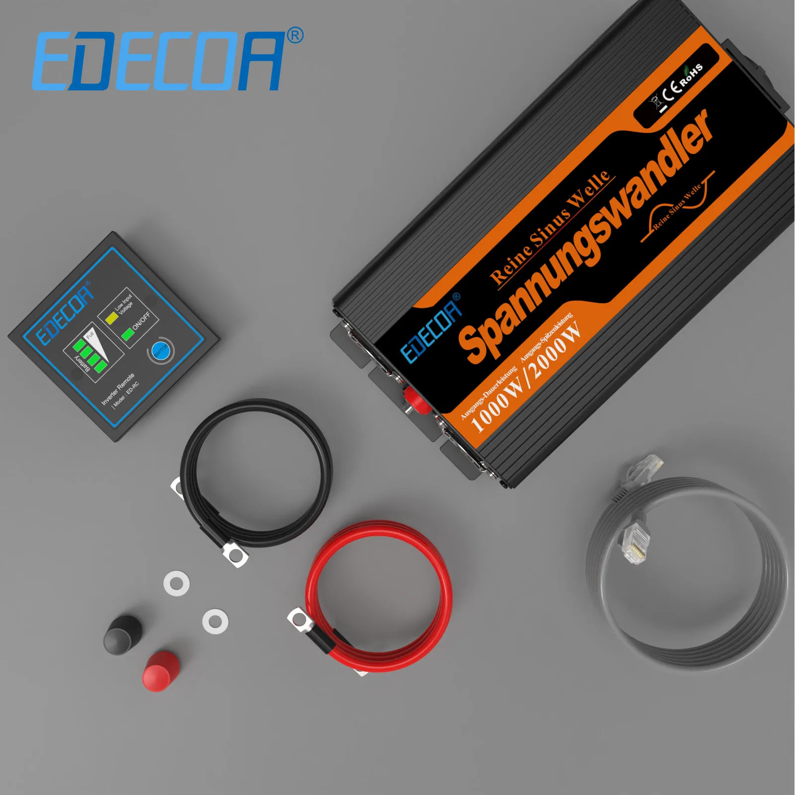 Onduleur Pur Sinus EDECOA 2000W - 12V Vers 220V, Avec Télécommande, USB, LCD Et APP
