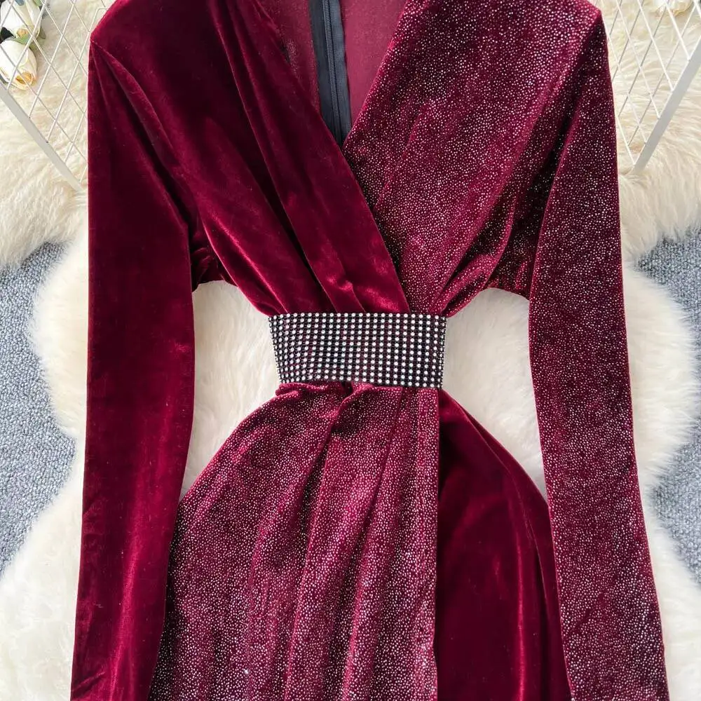 Chic vintage long sleeve Spliced velour Evening Party dress Women High Street ceremony dresses