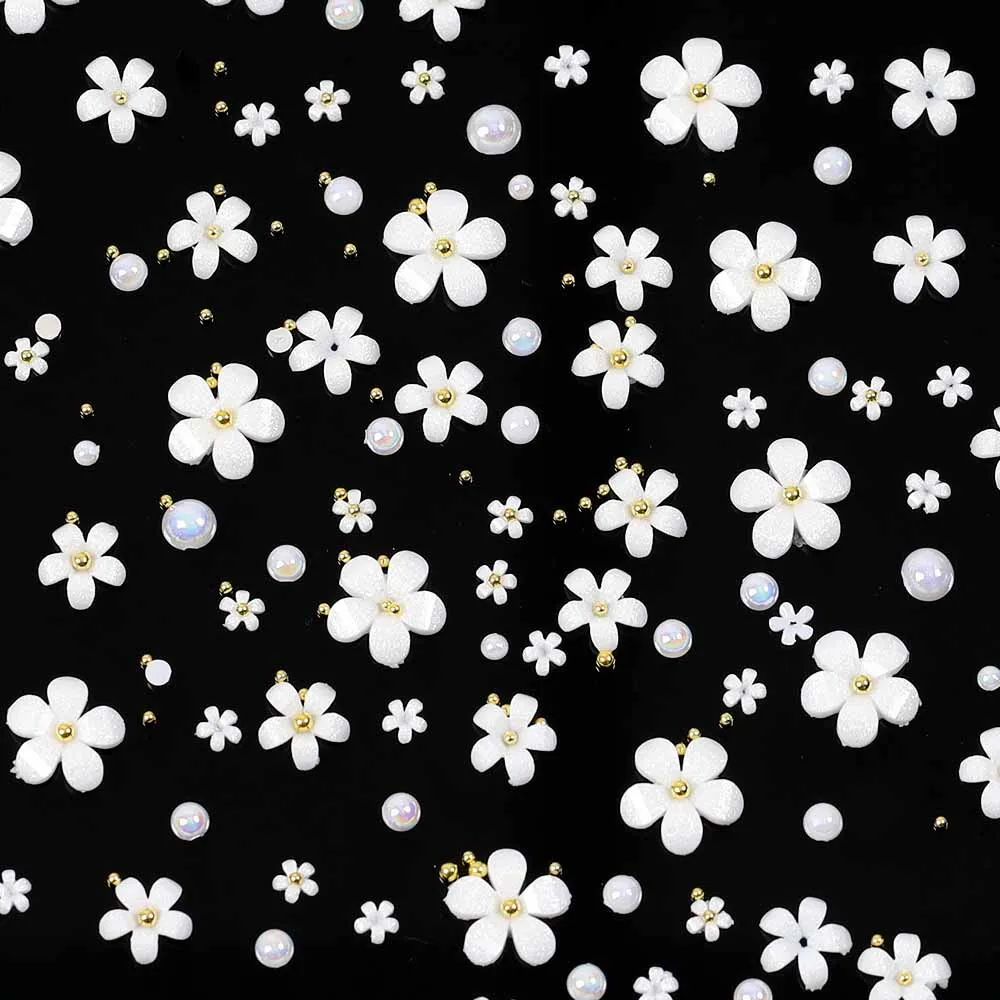 12Grid White Acrylic Petal Flower Nail Charms Mixed Floral Pearl Caviar Beads Nail Art Rhinestones DIY Manicure Decoration
